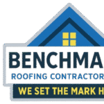 Benchmark Roofing logo with blue house and tagline