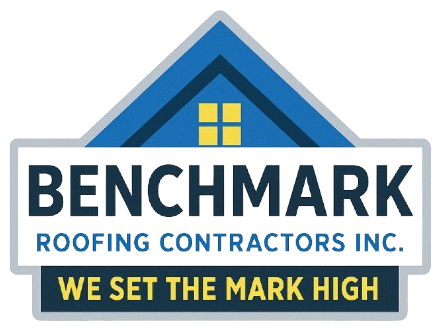 Benchmark Roofing blue house design logo