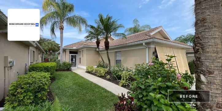 Before: Tile roof needing restoration with palm trees