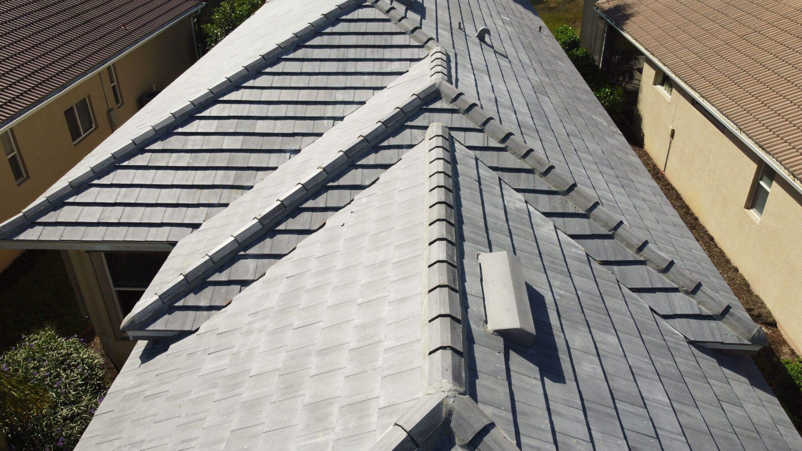 Residential gray shingle roof aerial view